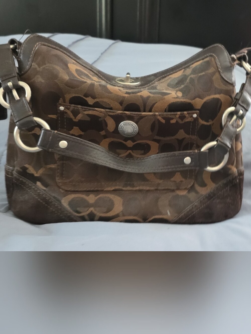 Coach Brown Signature Canvas Shoulder Bag with Leather Trim